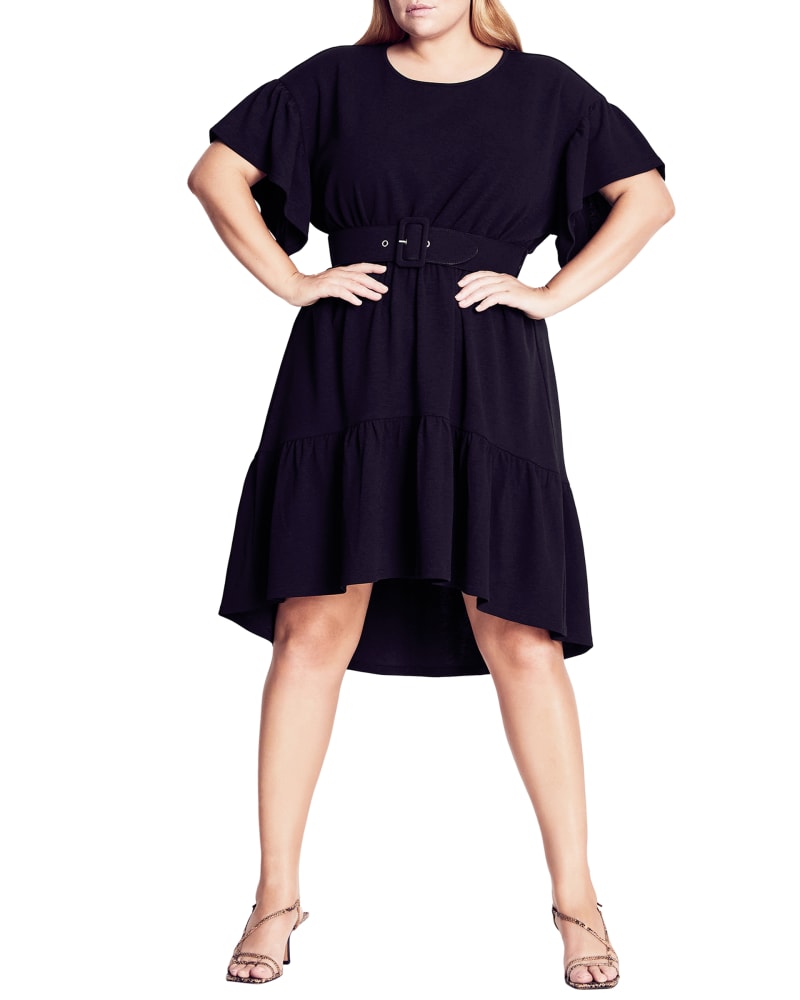 Front of a model wearing a size XS Alyssa Belted Swish Dress in Black by Refinity. | dia_product_style_image_id:233483